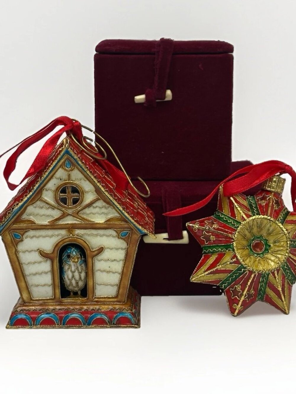 🎄 Vintage 2000 Dillard’s Cloisonne Birdhouse Star Christmas Ornaments Boxed Set